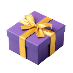 Obraz premium A vibrant purple gift box tied with a shiny golden ribbon and bow isolated on transparent background