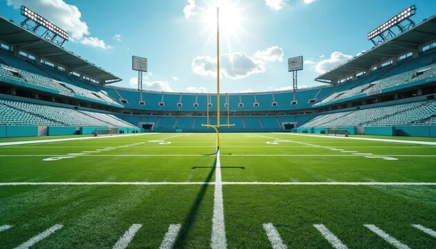 Vast American football stadium with vibrant green field under bright sunny sky. Turquoise seats fill tiered stands, goalposts stand ready. Wide perspective captures empty arena, perfect for sports