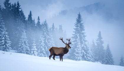 Obraz premium Majestic Stag Stands Proudly in Snowy Winter Forest Landscape with Fog