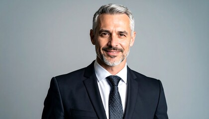 Headshot of a middle-aged man in a dark suit, smiling gently against a gray background