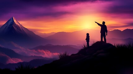 A parent and child enjoy a stunning sunset view from a mountain peak together.