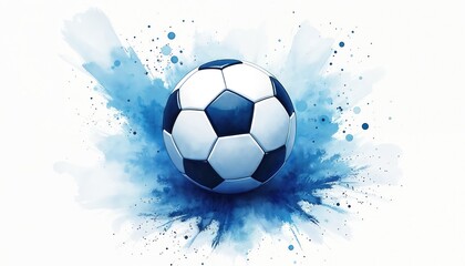 Dynamic watercolor painting captures soccer ball in motion, surrounded by energetic blue splashes, splatters. Artwork highlights passion, skill, excitement of sport, perfect for sports media,