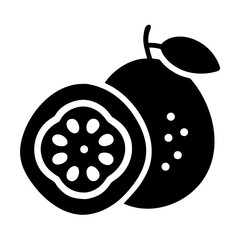 Silhouette of two guavas one whole and one sliced in half showing seeds