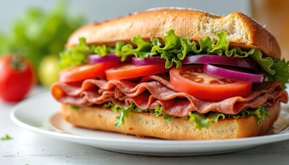 Juicy Italian sub sandwich filled with layers of salami, provolone, fresh lettuce, tomato slices, red onion, banana peppers. Toasted bread enhances savory flavors. Natural lighting highlights