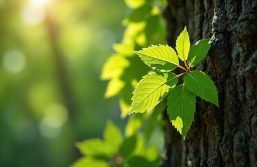 Fototapeta premium New green spring leaves on American chestnut tree trunk. Sunlight filters through foliage creating bright bokeh. Detailed view of plant with textured bark and fresh, vibrant leaf veins.