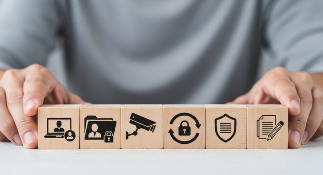 Security and data protection concept with icons on wooden blocks, representing digital safety and privacy measures - Powered by Adobe