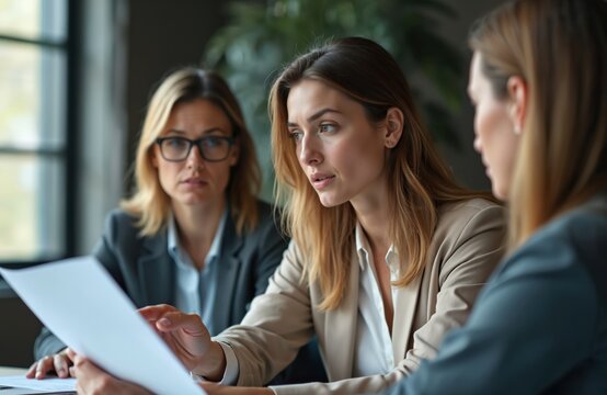 Three businesswomen in formal attire review documents at table. Focused expressions suggest serious discussion about project strategy financial analysis. Collaboration, planning evident in engaged