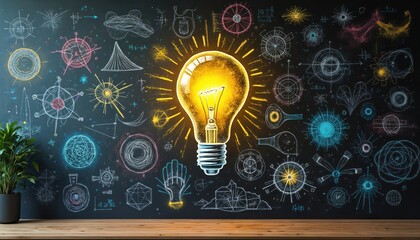 Creative blackboard filled with colorful scientific, mathematical sketches. Bright, glowing light bulb new idea innovation. Diverse diagrams, formulas, symbols illustrate concepts of learning,