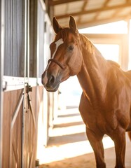 Horse in stable at golden hour