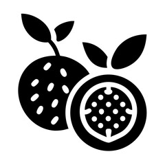 Black and white vector graphic of two passion fruits, one sliced