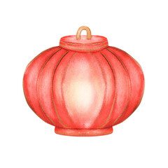 An isolated red lantern for Lunar New Year celebration. Watercolor Asian paper lantern. Hand-drawn illustration on the topic of Lunar New year for postcards, stickers, posters, scrapbooking