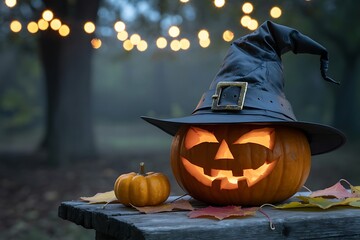 A carved glowing jackolantern wearing a witch hat sits on a wooden table outdoors with bokeh lights in the background