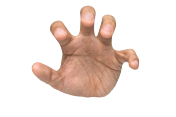 front view of male hand reaching, holding or grabbing something isolated on white background