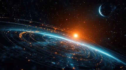Interplanetary data relay interface with spacecraft path arcs, signal transmission beams between planets, and cosmic environment overlay