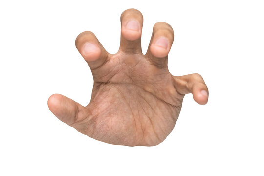 front view of male hand reaching, holding or grabbing something isolated on white background