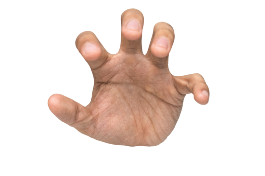 front view of male hand reaching, holding or grabbing something isolated on white background