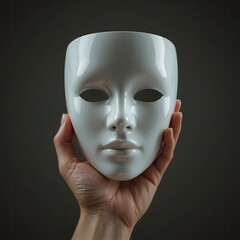 A delicate hand holds a white porcelain mask against a dark background, symbolizing mystery and identity.