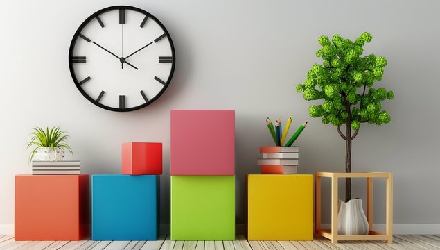  A clock with black numbers and hands on the wall in front of colorful blocks, representing time management for home-office visualization. The background is white.