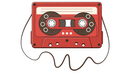 Isolated Red Cassette Tape with Loose Tape