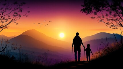 A silhouette of a parent and child hiking at sunset in the mountains, creating lasting memories.