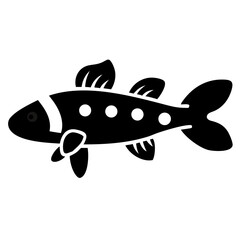 Stylized image of a black fish with white spots and yellow tail fins