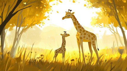 Giraffe and Calf in Sunlit Savanna Scene