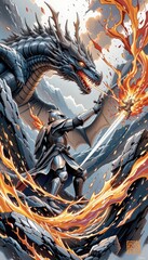 Epic Fantasy Battle Between Heroic Knight and Fiery Dragon in a Dramatic Landscape