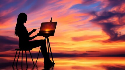 Obraz premium A silhouette of an artist painting a sunset, capturing beauty and creativity outdoors.