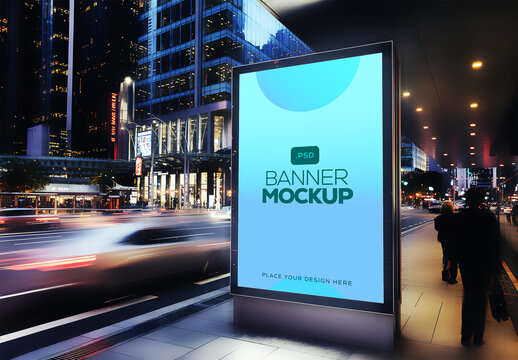 Urban Night Billboard Mockup with Blue Gradient