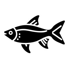 Stylized image of a black fish with yellow and red highlights