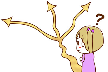 （上半身斜め後ろ）分岐点の道の前で迷い始める白人少女