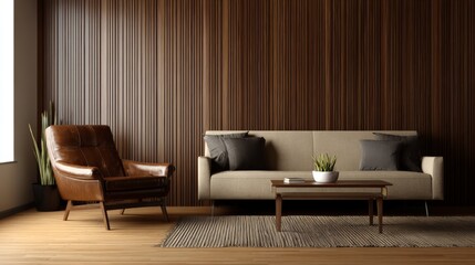 Modern living room interior beige sofa brown leather armchair wooden wall coffee table rug