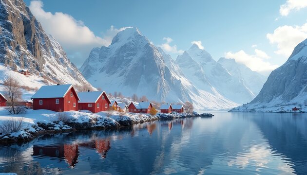 Snowy village with red houses reflects in calm water. Majestic snow covered mountains surround tranquil fjord landscape. Bright blue sky, serene winter scenery create peaceful, picturesque atmosphere.