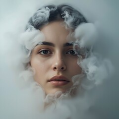 A young Caucasian woman framed by wisps of smoke, showcasing a serene expression and captivating features.