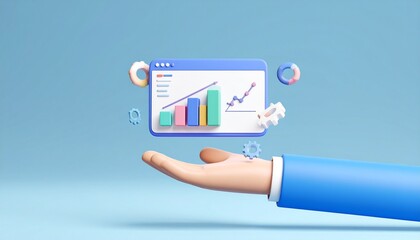 3D slide presentation icon with mini screens and graph elements floating above a hand