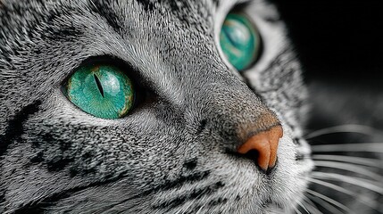 Close-up of a grey tabby cat's face, highlighting piercing turquoise eyes
