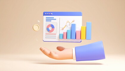 3D slide presentation icon with mini screens and graph elements floating above a hand