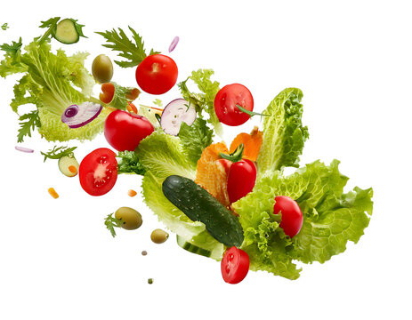 salad vegetable flying on transparent background and white background 