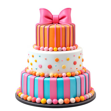 Three tier birthday cake with fondant stripes and candy dots on transparent background 