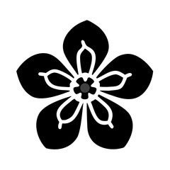 Simple five petal flower with interior details and dark grey center, botanical art