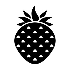 Stylized strawberry illustration with heart seeds and green leaves, in black and white