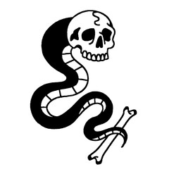 Skull-headed snake biting a bone. Vintage tattoo style illustration