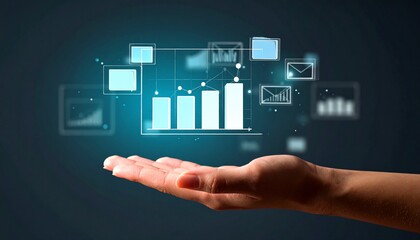 3D slide presentation icon with mini screens and graph elements floating above a hand