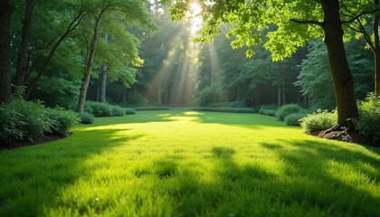 Obraz premium Rich green lawn thrives in dappled sunlight within peaceful garden. Shade-tolerant grass covers landscape, bordered by trees, foliage, creating serene natural habitat for relaxation, outdoor