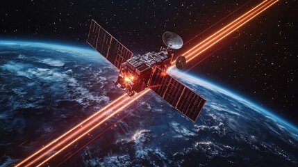 Laser-based satellite communication setup with orbital transmission beams, receiver dish alignment, and deep space signal relay backdrop