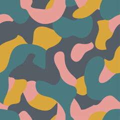 This stylish seamless pattern features an abstract arrangement of organic, flowing shapes in a muted, earthy color palette of gray, teal, mustard yellow, and dusty pink.