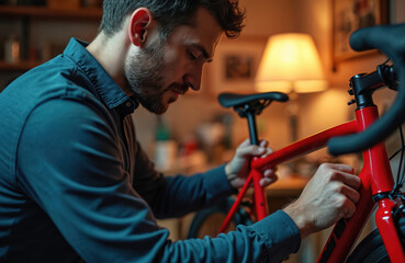 Man performs bicycle maintenance in a home workshop. He focuses intently on adjusting the red frame using tools. The scene emphasizes precision, engineering, and cycling enthusiast lifestyle indoors.