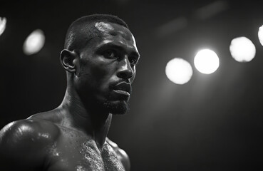 Sweaty male boxer in dark gym under spotlight. Intense determined face shows strength, masculinity power. Athlete trains for fight, competitive spirit, perseverance, endurance. Dramatic fitness