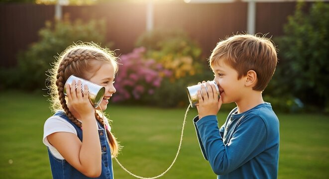 Two happy children talking through tin can telephones in a sunny garden