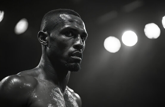 Sweaty male boxer in dark gym under spotlight. Intense determined face shows strength, masculinity power. Athlete trains for fight, competitive spirit, perseverance, endurance. Dramatic fitness